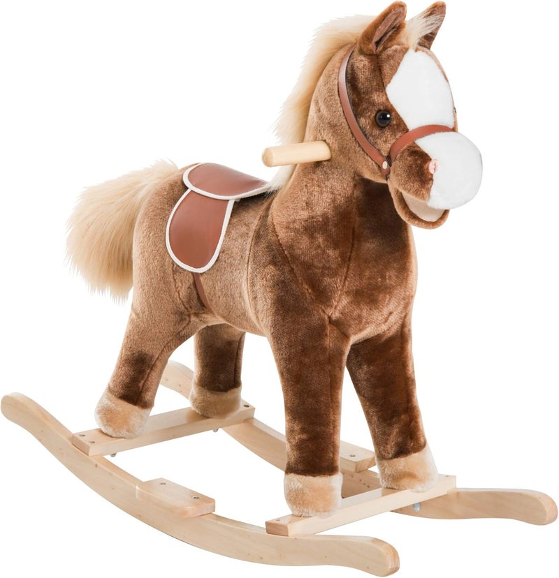 Qaba Kids Rocking Horse, Plush Toddler Rocker, Wooden Base Ride-On Toy with Handle Grip, Traditional Toy for Kids 36M+, Brown - Image 1